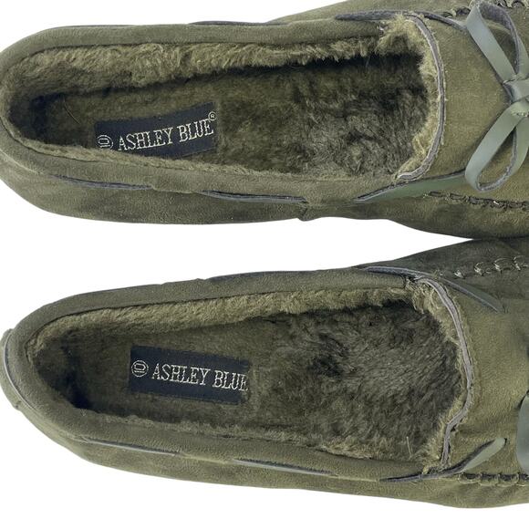 Ashley Blue Moccasin Slipper Olive Green Bow Tie Hard Flexible Bottoms Size 10 - Picture 4 of 11